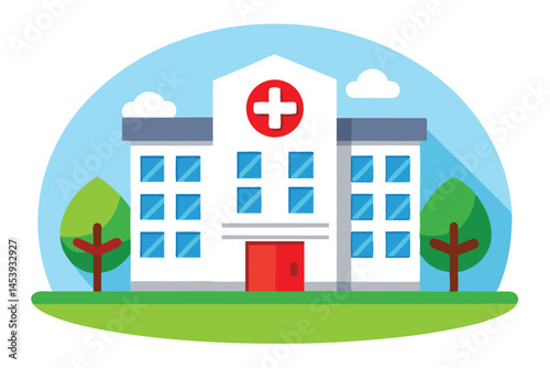 Modern medical facility with red cross, and lush trees, stands against a sky
