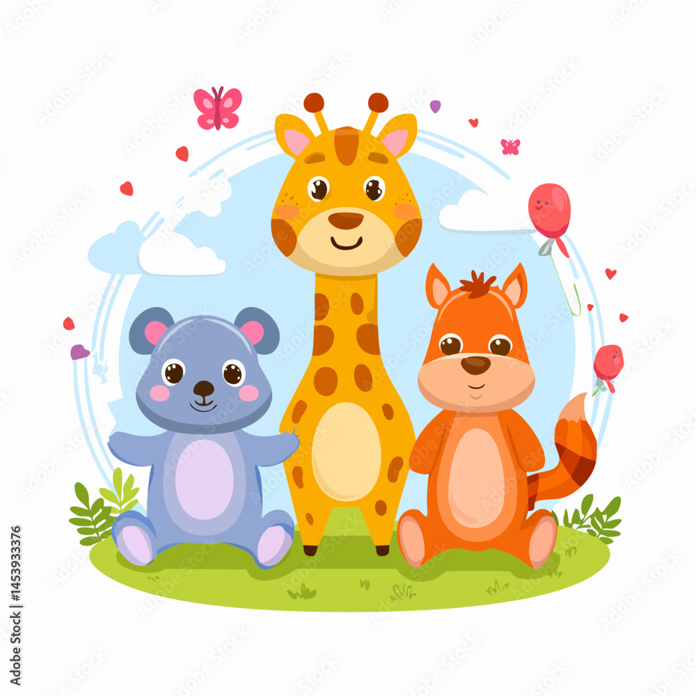 Naklejka premium Colorful set of little cartoon animals characters. Baby animals icons set isolated on white background