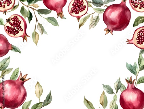 Watercolor Pomegranate Frame Design, Hand Painted Pomegranate Border Illustration, Pomegranate Wreath Watercolor Decor, Pomegranate Frame Decoration, Pomegranate Border Art for Design