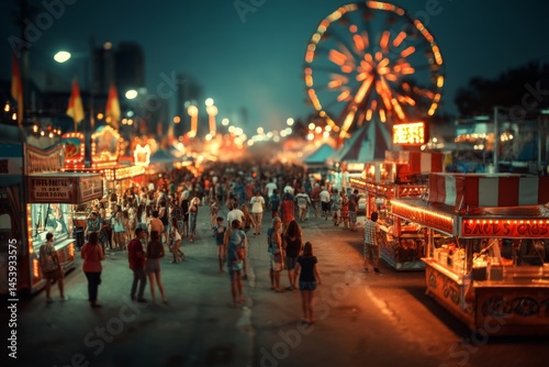 Crowd of People Enjoying a County Fair at Night with Food Booths and Ferris Wheel Illumination