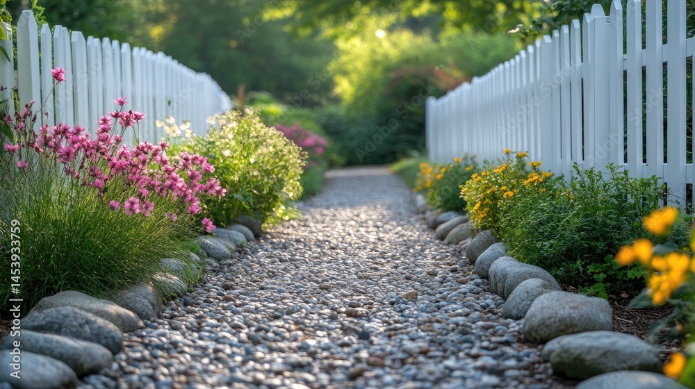 Obraz premium Sunlit garden path lined with flowers and stones.