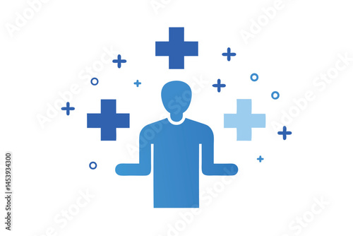 Person is surrounded by blue crosses, a symbol of health and healing