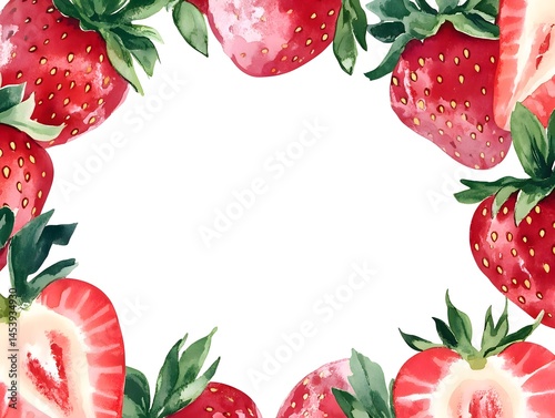 Watercolor Strawberry Frame Design, Hand Painted Strawberry Border Illustration, Strawberry Wreath Watercolor Decor, Strawberry Frame Decoration, Strawberry Border Art for Design
