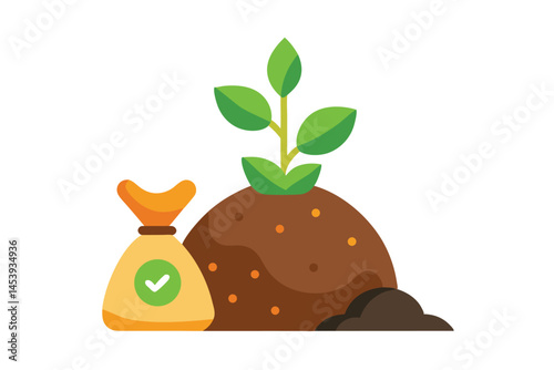 Potted green plant grows near the brown soil and yellow money bag on white