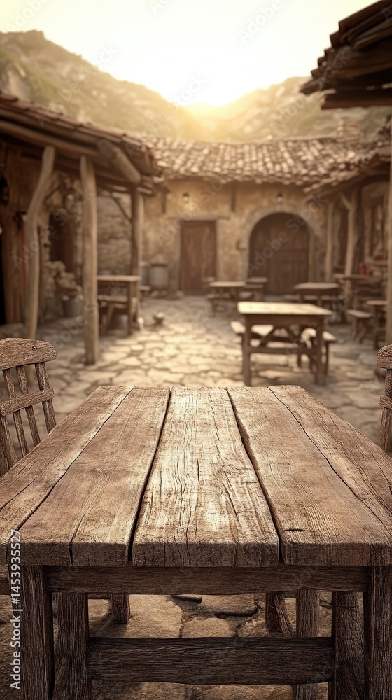 Naklejka premium Rustic wooden table overlooking a sun-drenched, historic courtyard with stone buildings and paving. Warm, vintage aesthetic