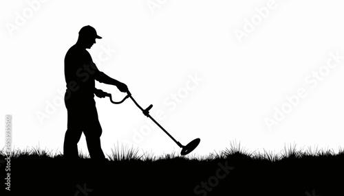 Man searching for treasure with metal detector in field, adventure