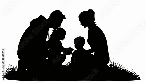 Family silhouette exploring a map in nature, togetherness concept