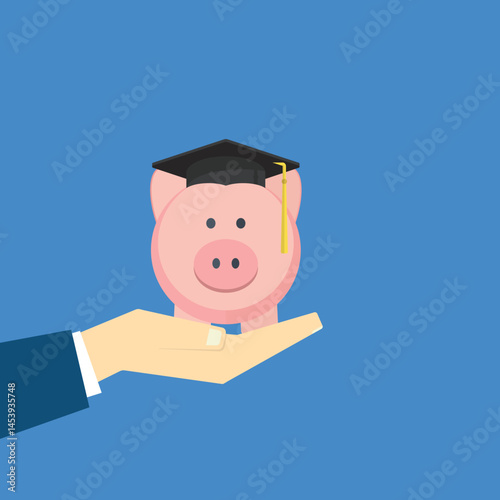 Graduation cost, expensive education, scholarship loan budget, education savings and investment concept. Piggy bank in flat design.
