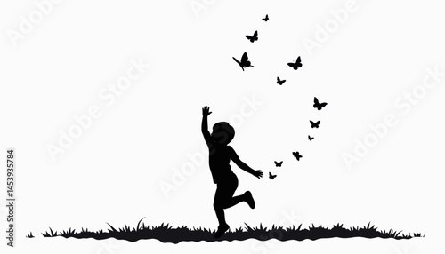 Joyful child leaping towards butterflies in a field, childhood happiness
