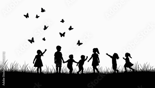 Silhouette of joyful children chasing butterflies in a meadow, innocence
