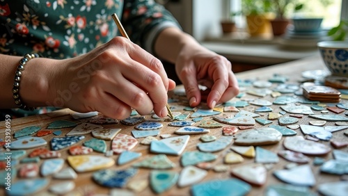 Female crafting mosaic art with ceramic pieces on wooden table