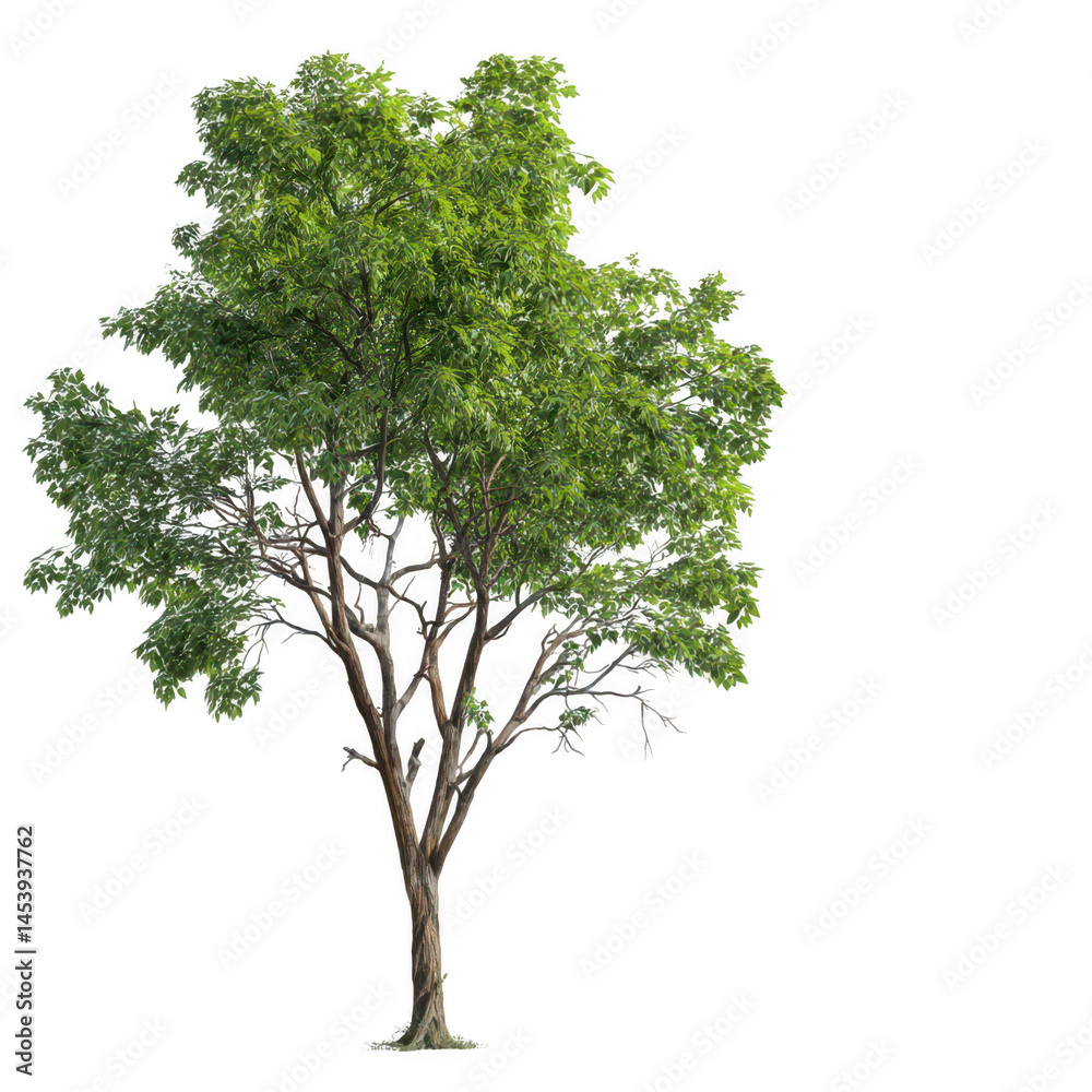 Obraz premium Lush Green Tree with Broad Leaves Providing Shade in a Bright Blue Sky Background for Nature and Landscape Imagery in Stock Photography