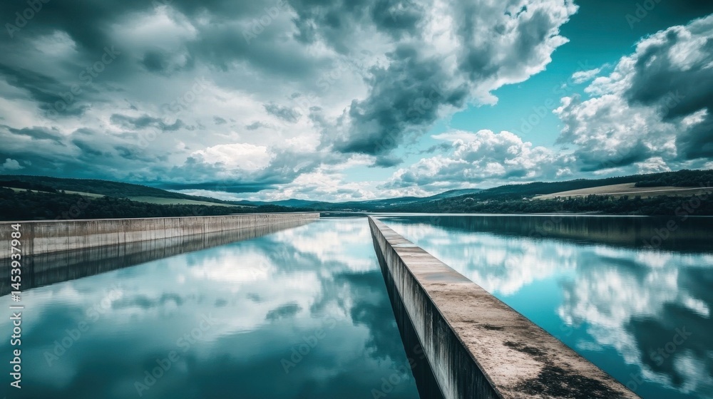 Fototapeta premium Hydroelectric dam reservoir reflecting cloudy skies, showing the contrast between water and mechanical infrastructure