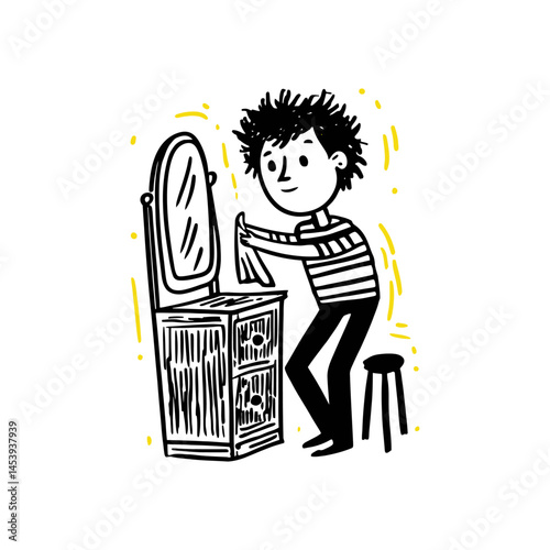 Hand Drawn Doodle of Person at Vanity Mirror with Simple Lines