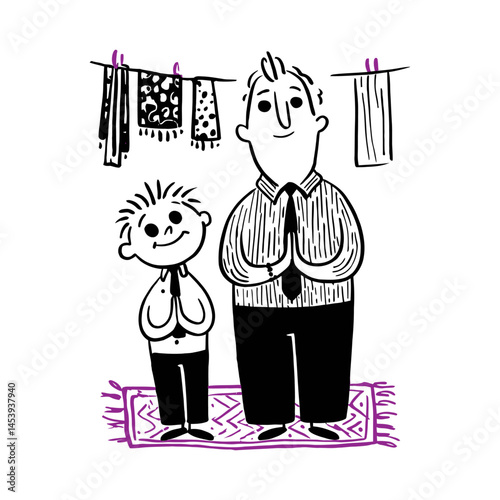 Charming Hand-Drawn Doodle of Father and Son in a Playful Scene