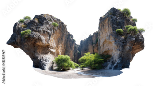Scenic Mountain Formation: A striking geological formation captivates with its rugged textures, captivating the eye with a blend of ancient stone and flourishing plant life
