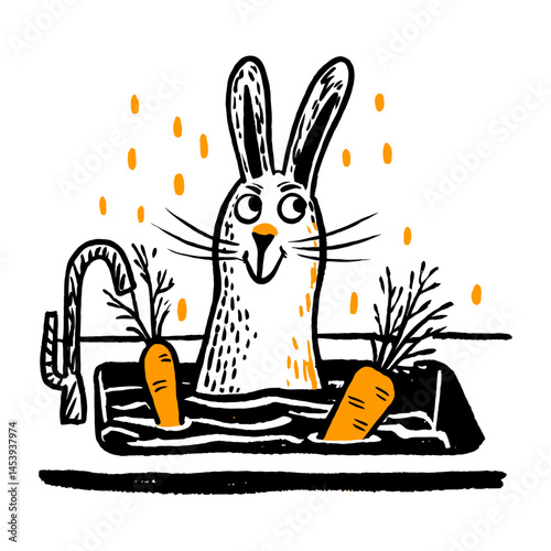 Playful Rabbit with Carrots in a Quirky Hand-Drawn Illustration