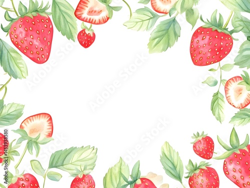 Watercolor Strawberry Frame Design, Hand Painted Strawberry Border Illustration, Strawberry Wreath Watercolor Decor, Strawberry Frame Decoration, Strawberry Border Art for Design