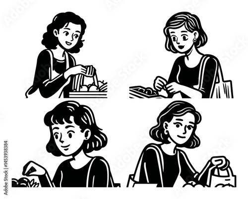 Hand-Drawn Lineart Illustration of Woman Shopping for Groceries