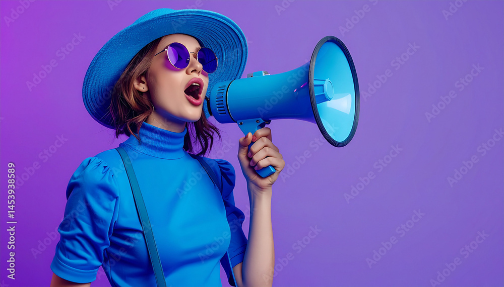 Empowered woman shouting with megaphone studio portrait vibrant confident expression Empowered woman shouting with megaphone studio portrait vibrant confident expression