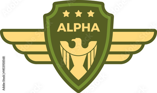 Green military badge with spread wings, eagle, three stars and alpha writing showing power and leadership, ideal for army, air force and security concepts