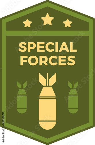 Military patch featuring special forces design with three bombs and three stars, set against a green hexagonal background adorned with striking yellow lettering