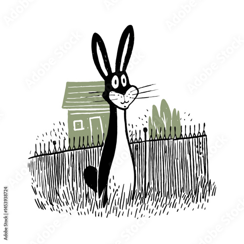 Charming Hand-Drawn Doodle of a Rabbit Near a Garden Fence