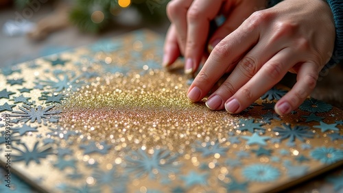 Hands creating festive glitter art with snowflake decorations