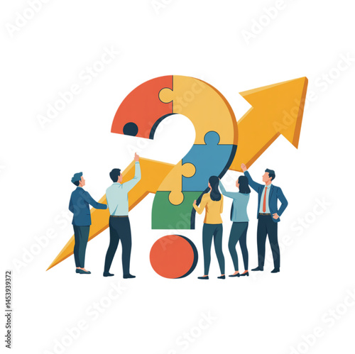 Vector illustration of a business team collaborating to solve a question mark puzzle that transforms into an upward arrow, symbolizing problem-solving, teamwork, innovation, and business growth.