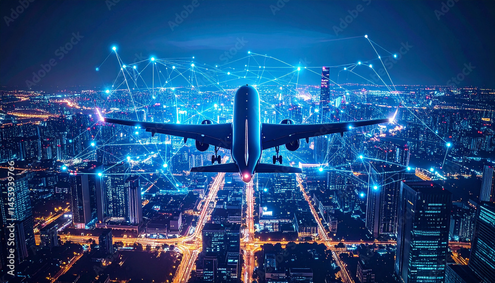 Fototapeta premium Airplane taking off over cityscape at night aerial view modern technology concept