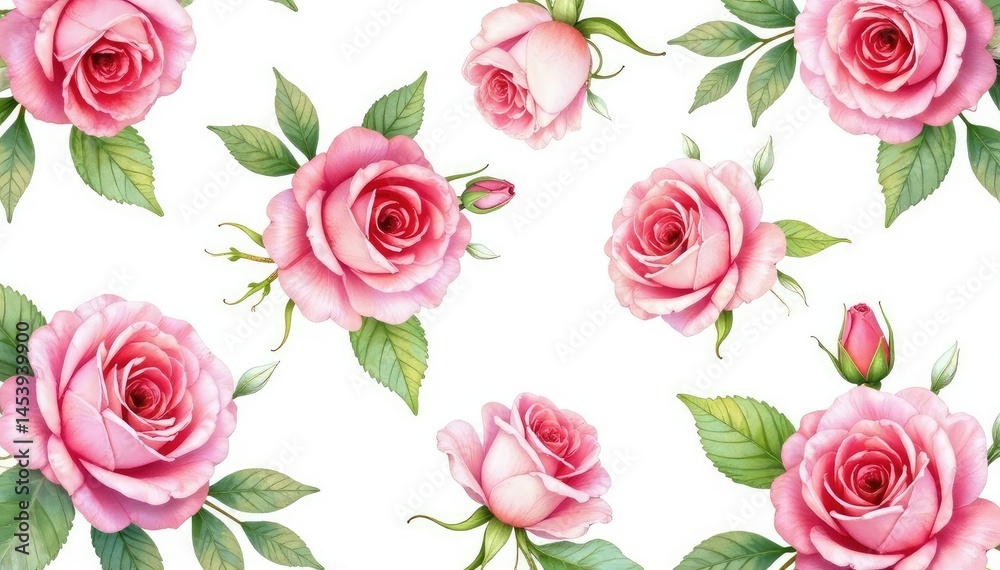 Delicate watercolor roses in a repeating pattern on white , aesthetic, nature Delicate watercolor roses in a repeating pattern on white , aesthetic, nature