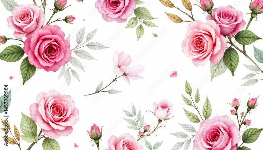 Naklejka premium Delicate watercolor roses & leaves, repeating pattern , repeat, background pattern, background