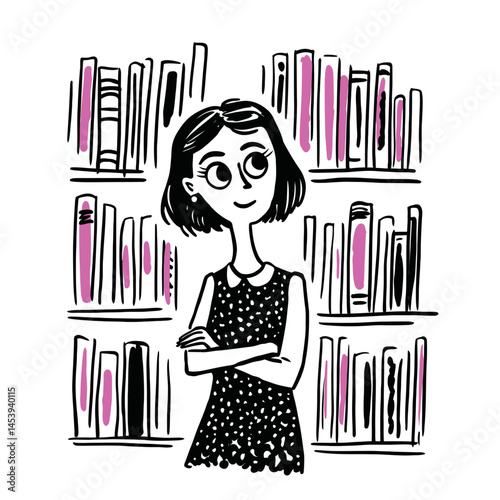 Charming Hand-Drawn Illustration of a Thoughtful Girl in Library