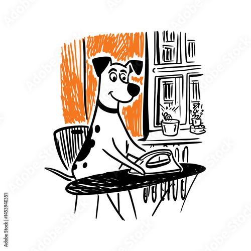 Hand Drawn Illustration of a Dog Ironing in a Doodle Style