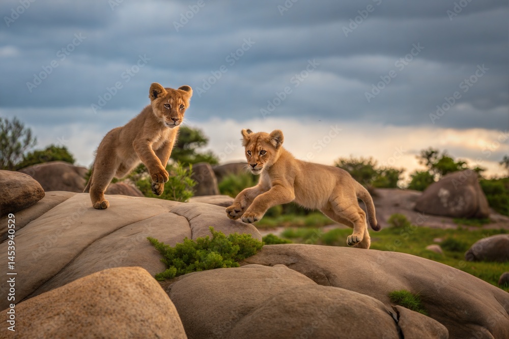 Naklejka premium Two young animals playfully interacting on a rocky surface in a natural setting.