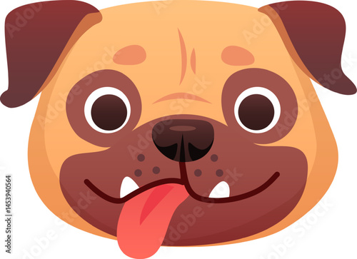 Close up of a cheerful pug dog, playfully sticking out its tongue and flashing a big smile, creating a friendly and humorous cartoon style image against a clean white background