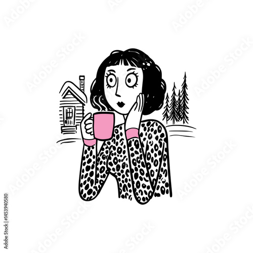 Hand-drawn Illustration of Woman Enjoying Tea in Cozy Setting