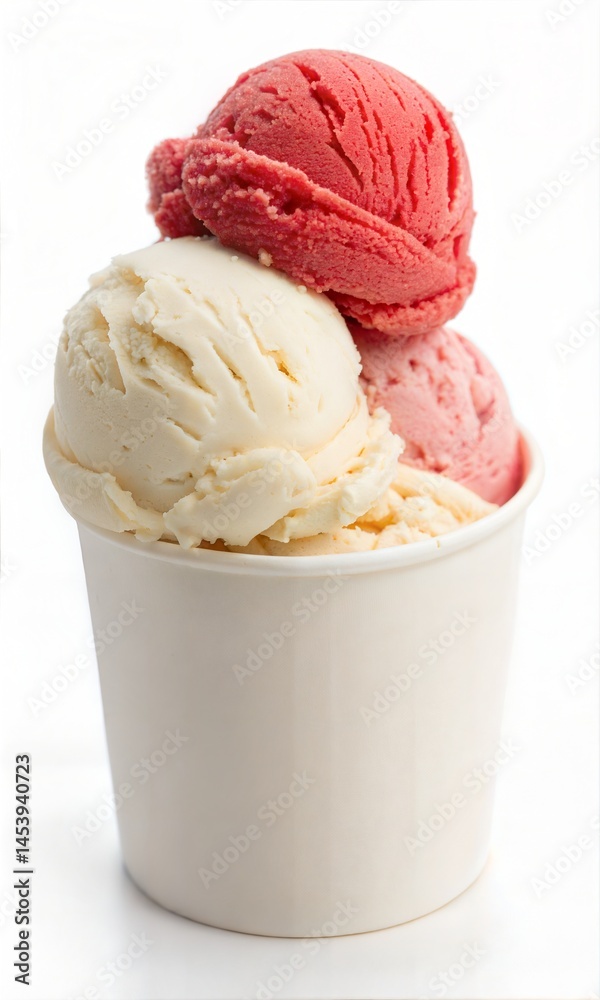 Strawberry and vanilla ice cream scoops in a paper cup, isolated on white background. Strawberry and vanilla ice cream scoops in a paper cup, isolated on white background.
