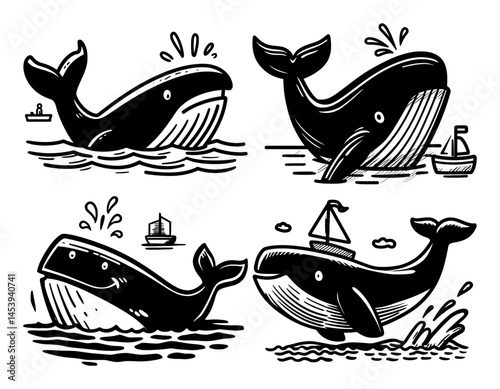 Adorable Hand-Drawn Whale Illustrations for Coloring and Design