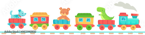 Cheerful toy train with colorful carriages carrying a dog, a teddy bear, and a dinosaur is chugging along the rails, bringing joy and imagination to playtime