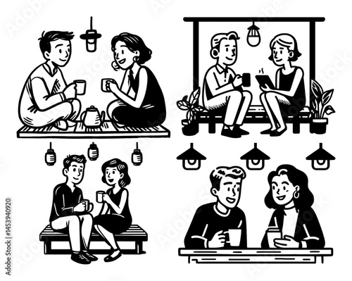 Hand Drawn Lineart Illustrations of People Enjoying Coffee Together