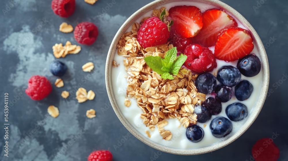 A delightful breakfast bowl featuring yogurt, granola, and fresh seasonal berries A delightful breakfast bowl featuring yogurt, granola, and fresh seasonal berries