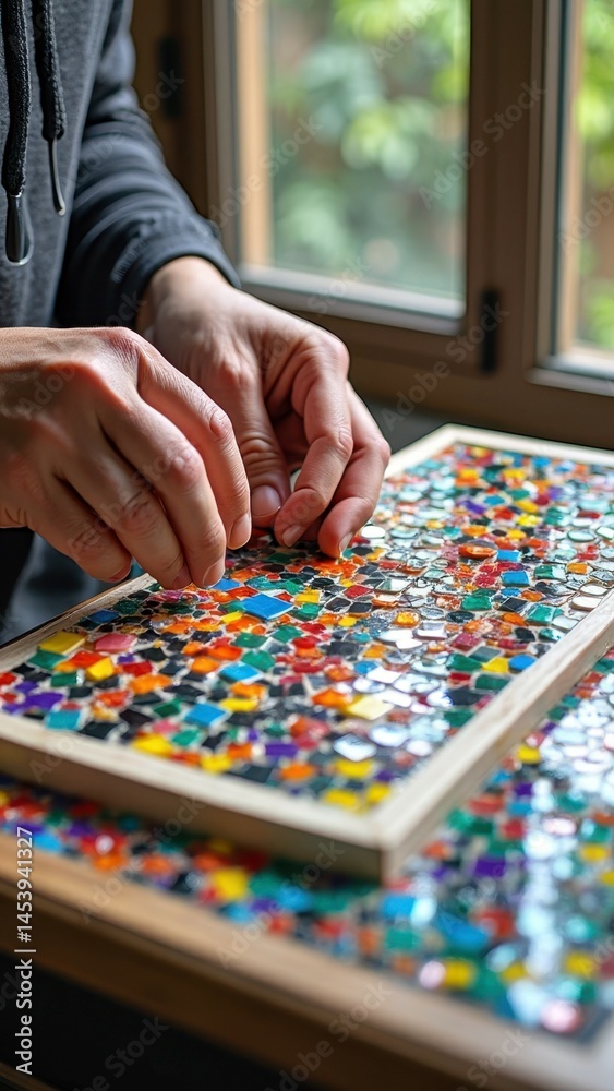 Fototapeta premium Caucasian male adult creating colorful glass mosaic art with hands by window