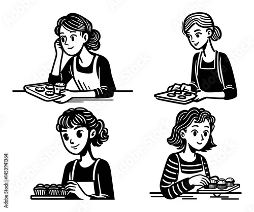 Hand-Drawn Lineart Illustration of Women Baking Cupcakes in Style
