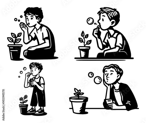 Hand-Drawn Lineart of a Boy Interacting with Plants and Bubbles
