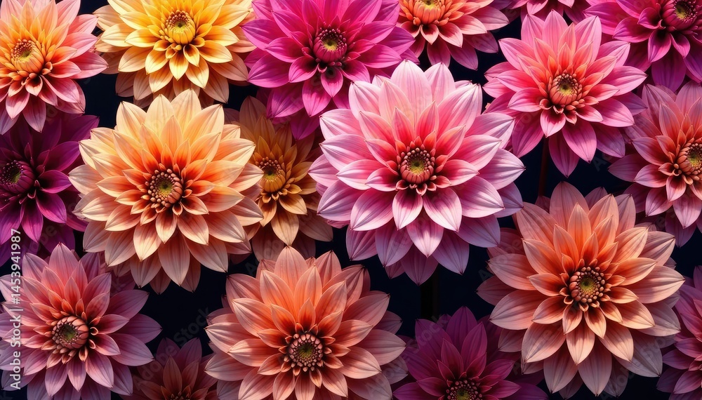Intricate dahlia blooms, vibrant colors, repeating pattern, repeat, buds Intricate dahlia blooms, vibrant colors, repeating pattern, repeat, buds