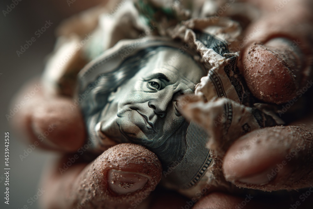 Hands Crumpling Banknote in Close-Up Macro View - Financial Pressure, Economic Hardship, and Materialism Theme Hands Crumpling Banknote in Close-Up Macro View - Financial Pressure, Economic Hardship, and Materialism Theme