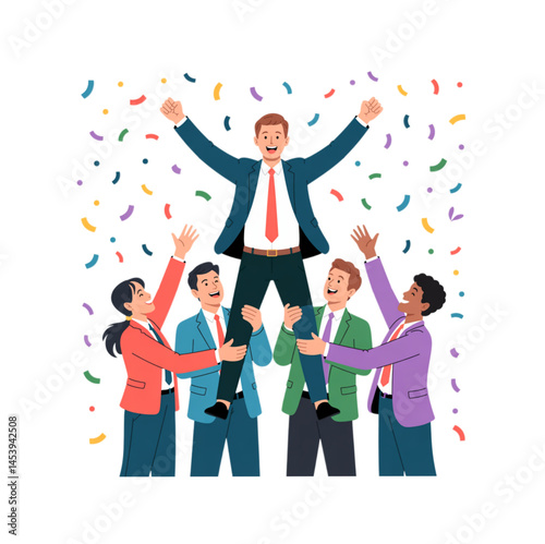 Vector illustration of a joyful businessman being lifted and celebrated by team members, symbolizing teamwork, success, employee appreciation, business achievement, leadership