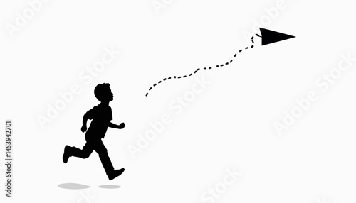Boy running with paper airplane silhouette on white background, creativity