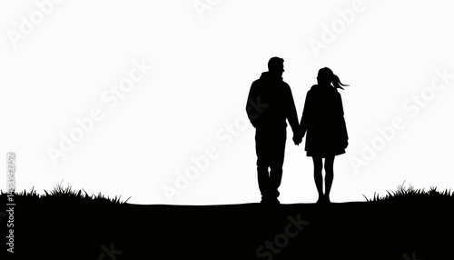 Lovers holding hands silhouetted against white background, romance